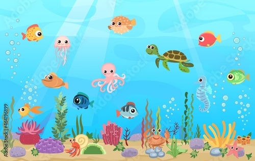 Bottom of reservoir with fish. Blue water. Sea ocean. Underwater landscape with animals. plants, algae and corals. Cartoon style illusteration. Vector art