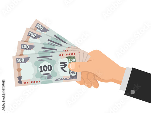 Hand holds money Indian Rupee 100 banknotes. Business concept. Official currency cash INR. Isolated on white background. Flat style. Simple minimal design. Vector illustration.