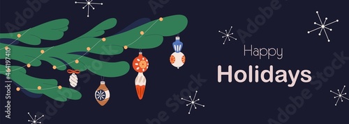 Winter holidays banner design with retro baubles on Christmas tree branch. Xmas horizontal background for Happy New Year. Festive card template with fir twig. Colored flat vector illustration