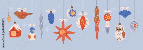 Christmas baubles hanging on strings. Xmas vintage balls and retro decor for New Year. Winter holiday background with festive ornaments. Newyear banner with toys. Colored flat vector illustration