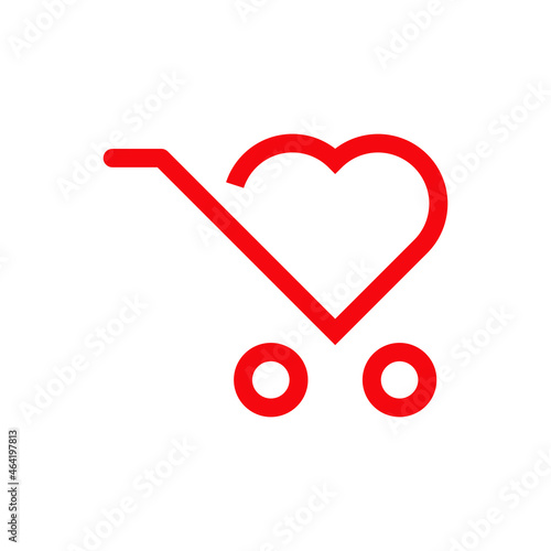 I love shop. Logotipo con silueta de carrito de la compra con corazón con lineas en color rojo	