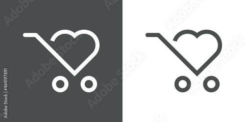 I love shop. Logotipo con silueta de carrito de la compra con corazón con lineas en fondo gris y fondo blanco