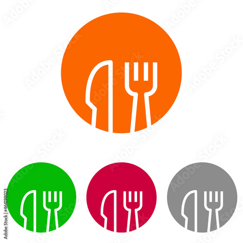 Cubiertos en circunferencia. Logotipo con silueta de tenedor y cuchillo en círculo con lineas en varios colores
