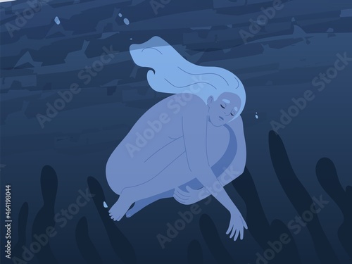 Mental health, psychology concept. Unhappy person with depression disorder. Human drowning in life crisis and problems. Death metaphor. Victim of psychological trouble. Flat vector illustration