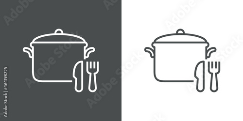 Pote con cubiertos. Logotipo olla con tapa con tenedor y cuchillo con lineas en fondo gris y fondo blanco