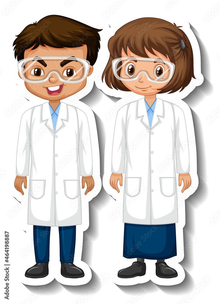 Scientist couple kids cartoon character sticker Scientist couple kids cartoon character sticker