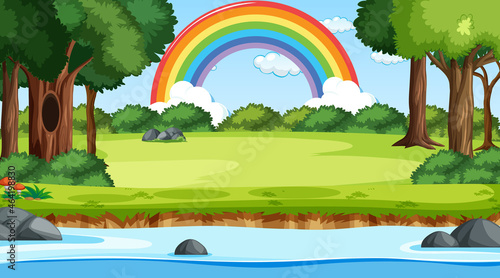 Nature scene background with rainbow in the sky