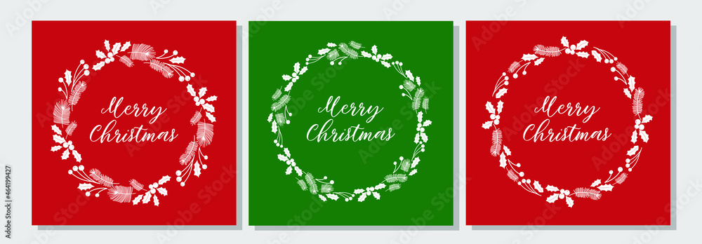 Templates for Christmas cards on a green and red background. White wreaths and text.