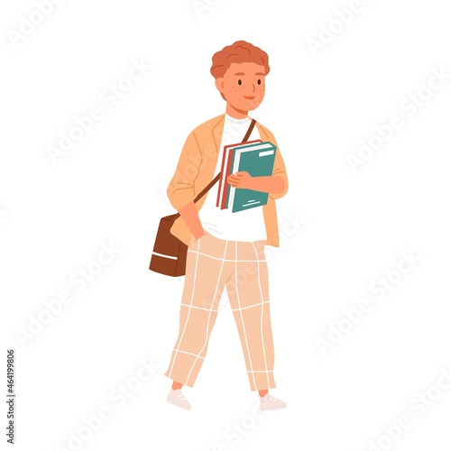 Child going to school. Primary student kid walking with bag and books in hand...