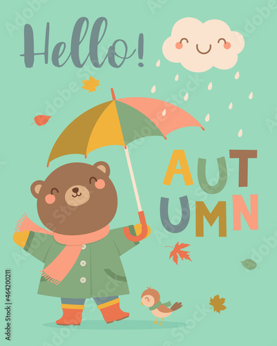    Hello autumn    typography design with cute bear holding umbrella and little bird cartoon illustration.