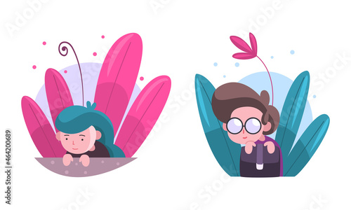 Cute Boy and Girl Hiding in Fairy Bush Vector Set
