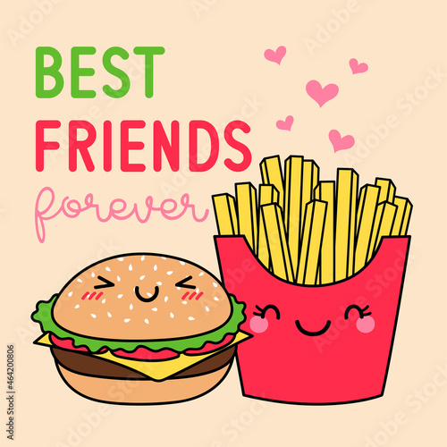 Cute french fries and hamburger cartoon illustration with text “Best friends forever” for greeting card design.