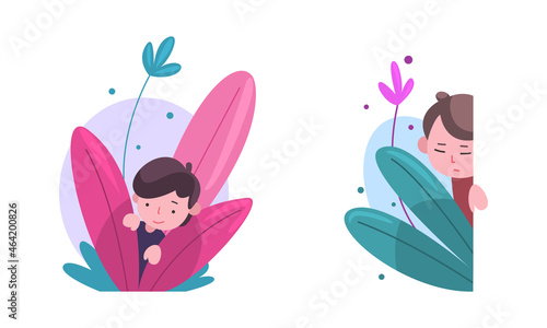 Cute Boy Hiding in Fairy Bush Vector Set