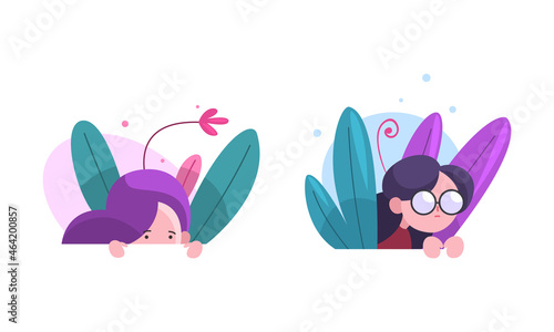 Cute Girl Hiding in Fairy Bush Vector Set