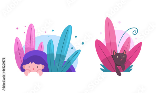 Cute Girl and Cat Hiding in Fairy Bush Vector Set