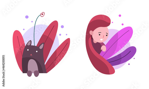 Cute Girl and Cat Hiding in Fairy Bush Vector Set