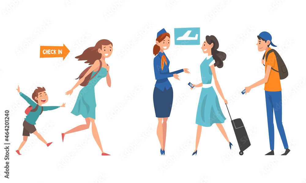 People Character at Airport Walking with Ticket Toward Gate for Check in Vector Illustration Set People Character at Airport Walking with Ticket Toward Gate for Check in Vector Illustration Set