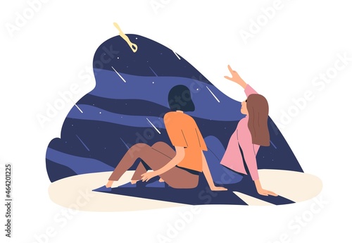People watching for shooting stars in night sky and making wishes. Concept of impossible big dreams, opportunities and aspiration to future. Flat vector illustration isolated on white background