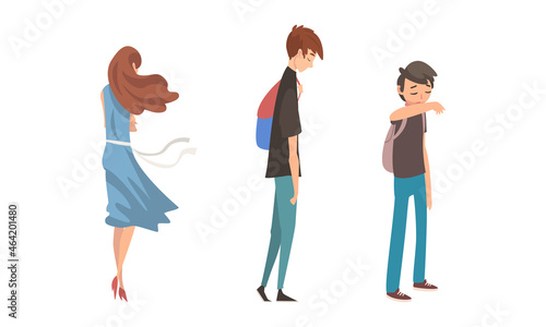 Unhappy Sad Teen Boy and Girl Feeling Depressed and Lonely Vector Set