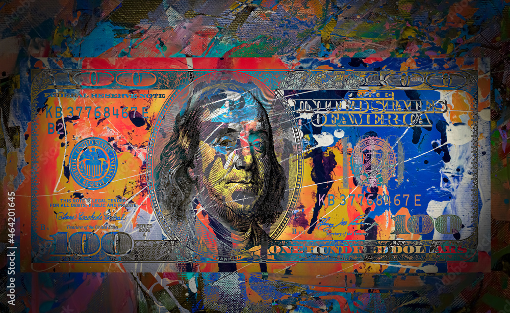 dollar banknote with creative colorful abstract elements on dark background - obrazy, fototapety, plakaty 