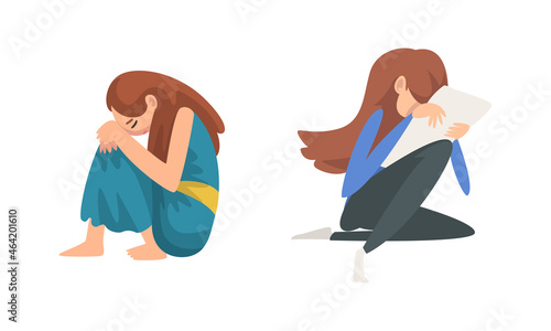 Unhappy Sad Teen Girl Sitting on Floor Feeling Depressed and Lonely Vector Set
