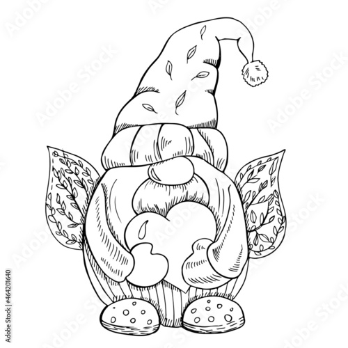 A hand-drawn gnome with a heart in his hands. The Scandinavian gnome. Vintage vector illustration.  Valentine's day illustration.