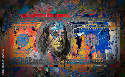 dollar banknote with creative colorful abstract elements on dark background