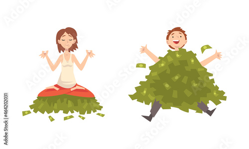 Rich Man and Woman Character with Pile of Cash and Bills Vector Set