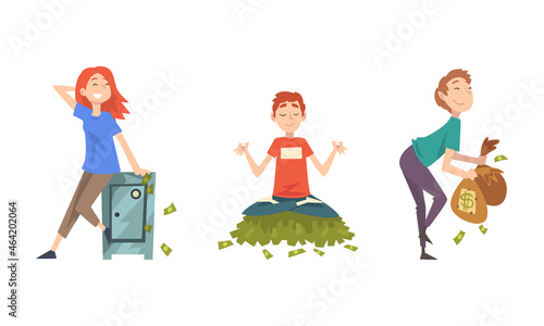 Rich Man and Woman Character with Pile of Cash and Bills Vector Set