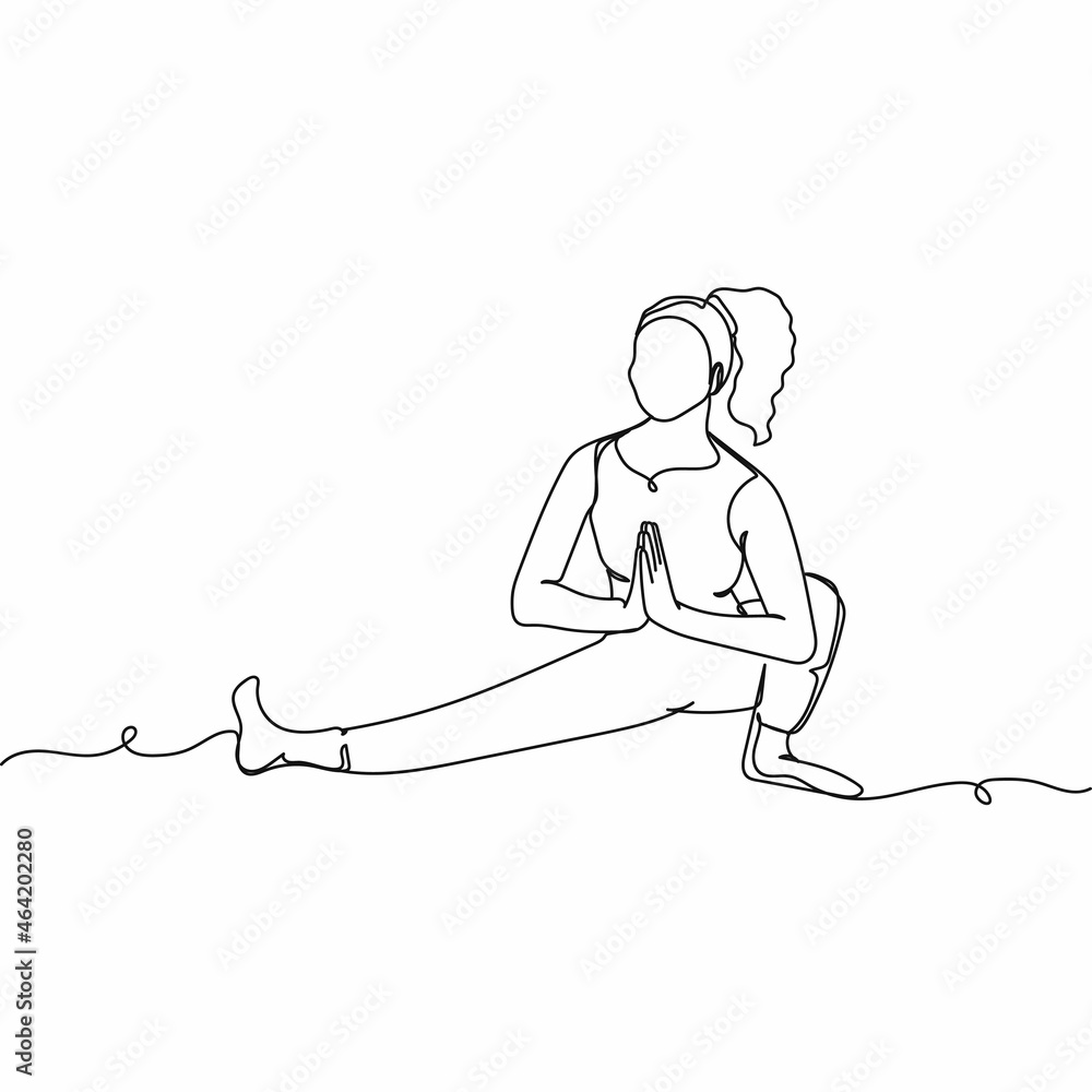 Fototapeta Vector continuous one single line drawing of attractive woman in sports yoga performs gymnastic with namaste in silhouette on a white background. Linear stylized.