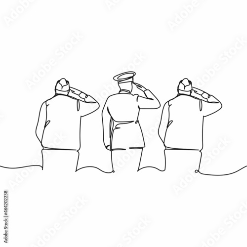 Vector continuous one single line drawing of soldier veterans saluting at memorial day veterans day in silhouette on a white background. Linear stylized.