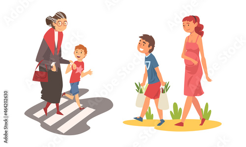 Polite Boy Carrying Shopping Bag Helping Pregnant Mother and Leading Senior Woman Across Road Vector Set