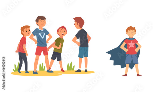 Little Boy Protecting Weak from Hooligan and Wearing Superhero Cloak Vector Set