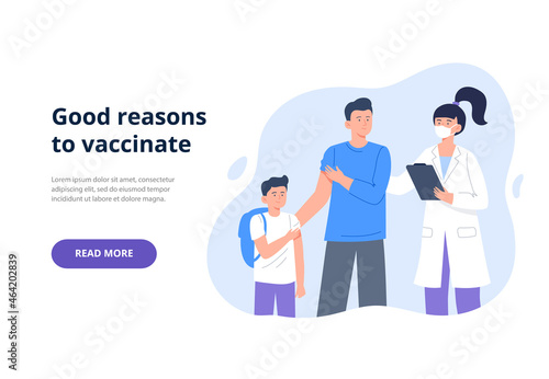 A young father and son get vaccinated. Process of immunization against covid-19. Diseases, and viruses prevention concept. Vector flat illustration.