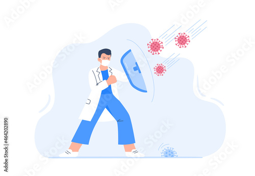 Male doctor in protection mask prevents spread of coronavirus. Protection against COVID-19. Prevention, protection against diseases. Vector flat illustration isolated on white background.