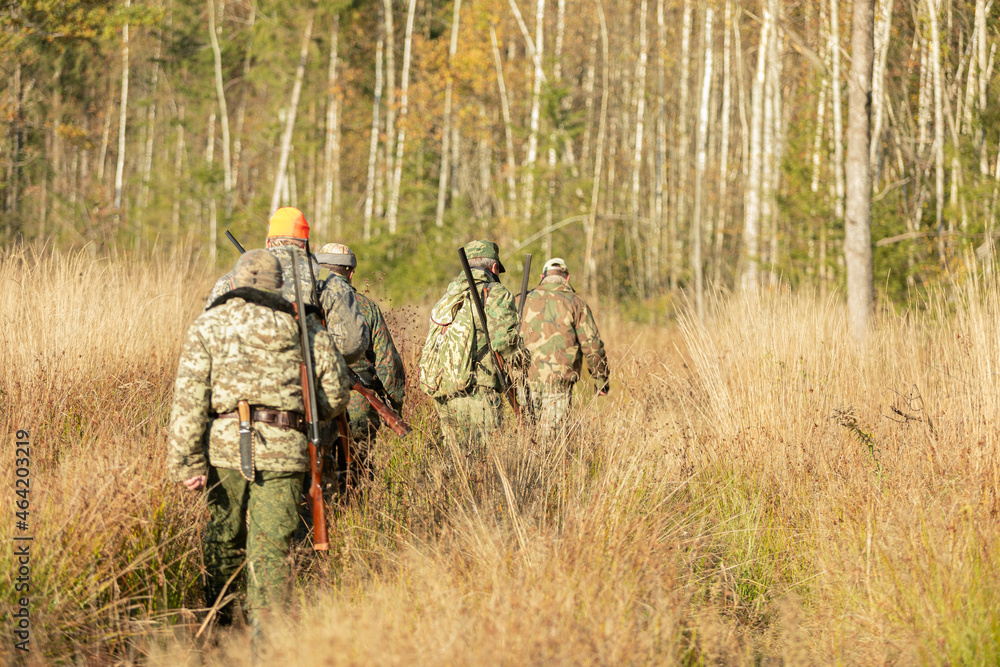Group of hunters during hunting in the forest