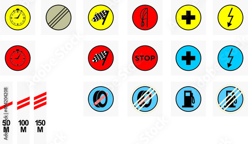Official signage full set for motorsports, rallying, automobile sports, special stages. Time control, start, flying finish, stop, midpoint, sos point, radio point, tyre marking, refuel area. photo