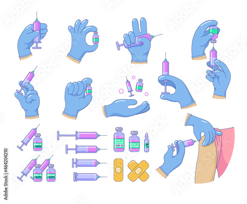 Set of hands in blue gloves making medical injections. Doctor or nurse hands with syringe and ampoule. Vaccination, immunization or medical treatment concept vector illustration