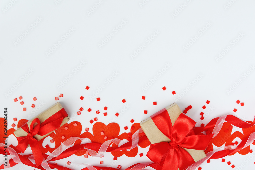 Background wit red ribbon and bright hearts for Valentine day decoration Background wit red ribbon and bright hearts for Valentine day decoration