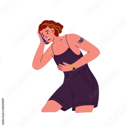 Person laughing loud while talking on mobile phone. Happy woman with good laughter speaking on smartphone, holding her belly. Positive reaction. Flat vector illustration isolated on white background