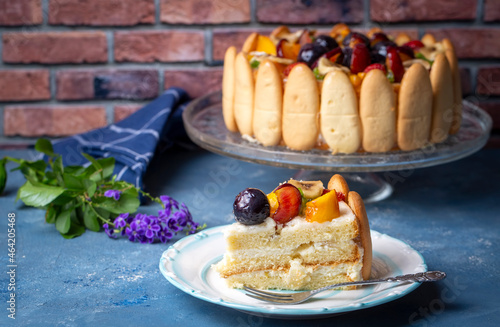 Delicious fruit cake (Turkish name; meyveli yas pasta, karisik meyveli yas pasta) photo