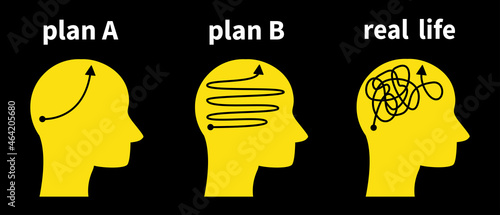 Plan A plan B and real life. Silhouette head chaos and strategy, thoughts, ideas, choice plan. Vector illustration 
isolated.