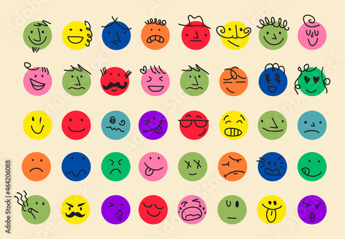 Cartoon style. Round emoji comic faces with various Emotions. Flat design. Hand drawn abstract trendy Vector illustration. Different colorful characters. 