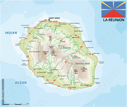 la reunion road and national park vector map with flag photo