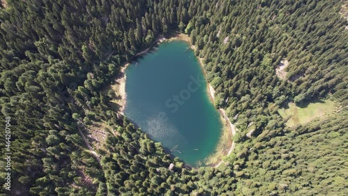 Aerial view of mountain lake surrounded by dense coniferous and beech forest. Montenegro, Europe. In Montenegro they call him Zabojsko Jezero and has an elevation of 1481 metres photo