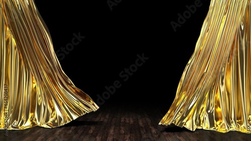 Golden theater curtain, the stage opens and closes, the video is looped and includes a matte channel.