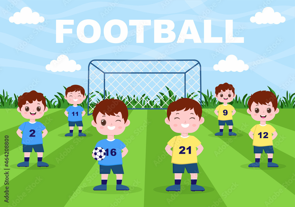Playing Football with Boys Play Soccer Wear Sports Uniform Various Movements Such as Kicking, Holding, Defending, Parrying and Attacking in Field. Vector Illustration Playing Football with Boys Play Soccer Wear Sports Uniform Various Movements Such as Kicking, Holding, Defending, Parrying and Attacking in Field. Vector Illustration