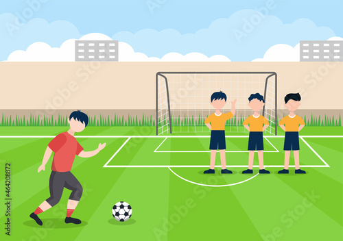 Playing Football with Boys Play Soccer Wear Sports Uniform Various Movements Such as Kicking, Holding, Defending, Parrying and Attacking in Field. Vector Illustration