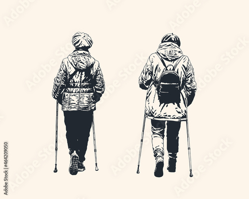 Two elderly women are walking with Nordic walking sticks. Active retirement age. Vector illustration 