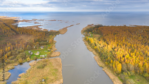 Autumn colored scenic aerial view on the Emajõgi river delta estuary and waters of the 4th largest European lake Peipsi